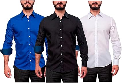 Kit 3 Camisas Sociais em Algodão/Microfibra Slim Fit Azul Royal/Preto/Branco